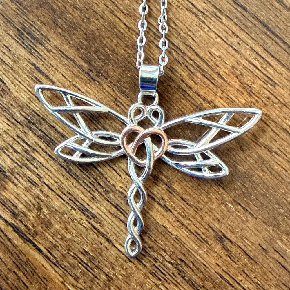 Two-Tone Dragonfly Heart Pendant Necklace — Silver - Picture 3 of 5